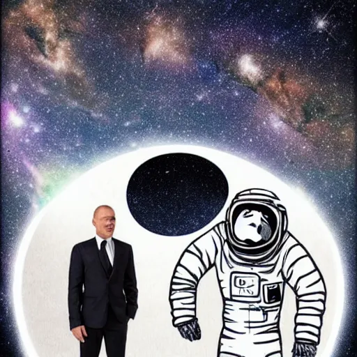 Image similar to double exposure portrait split in the middle of a astronaut and one chimpanzee in a suit posing with space in the background, pencil sketch, high definition, dynamic lighting stars, sharpness, golden ratio