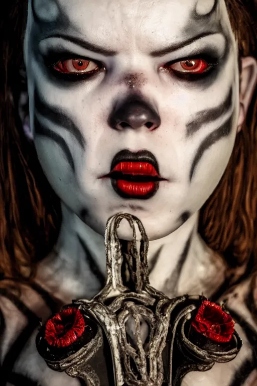 Image similar to dressed anya taylor - joy, a sinister demonic queen of cenobites, symmetrical, cinematic, terrific, demonic atmosphere, professional studio light, real dlsr photography, sharp focus, costume made by clive barker, real rotten flesh and blood, 4 k, ultra hd, sense of awe