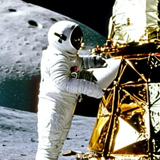 Image similar to penguin astronaut wearing helmet, standing next to the Apollo lunar lander. TV footage