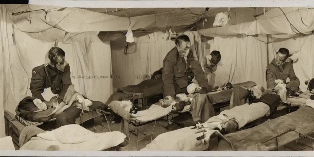 Image similar to photograph in a ww 2 field hospital, hamsters on stretchers, hamster medics caring for injured hamsters, no humans in the image, detailed