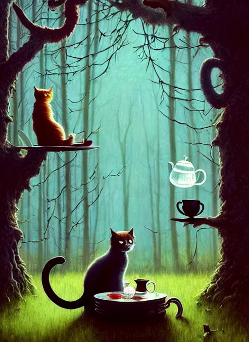 Image similar to cat having tea with a witch in the woods gorgeous lighting, lush forest foliage blue sky a hyper realistic painting by chiara bautista and beksinski and norman rockwell and greg rutkowski weta studio, and lucasfilm