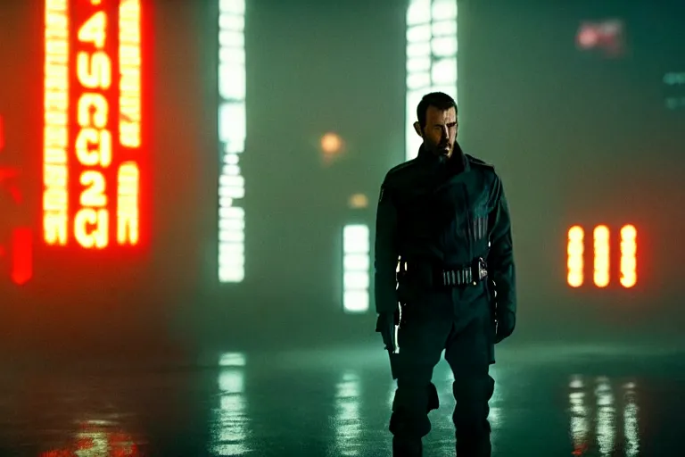 Image similar to film still of closeup beautiful futuristic police squad in blade runner 2 0 4 9, cinematic, moody, gritty neon noir by emmanuel lubezki