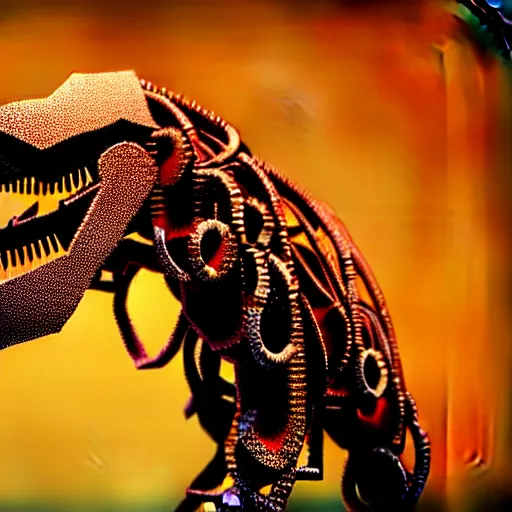 Image similar to a t-rex made out of rusty gears and wires showing life signs, photorealistic, bokeh, octane render, coherent