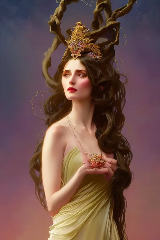 Image similar to ombre velvet gown, beautiful elegant dryad, beautiful face with soft features by leyendecker, long hair, tiara, dozens of jeweled necklaces, by greg rutkowski, brom, anato finnstark, alphonse mucha, oil painting, highly detailed, cinematic lighting, unreal,