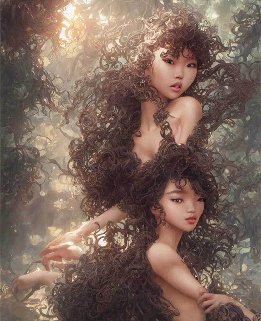 Prompt: ultra realistic elegant fantasy art, beautiful alluring anime blasian woman, afro big curls, gorgeous face and figure, sci - fi, fantasy, intricate, elegant, highly detailed, digital painting, artstation, concept art, smooth, sharp focus, illustration, art by tian zi and yuxiang chen and alphonse mucha and greg rutkowski