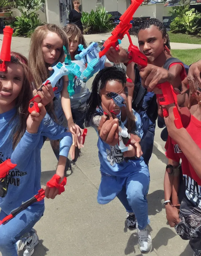 Image similar to bloods gang members showing off their plastic colorful water guns, bad quality, phone photo, leaked photo, paparazzi photo, realistic, 720p