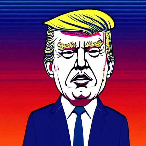 Image similar to caricature of donald trump wearing a polygon walter white hat, synthwave synthwave synthwave synthwave