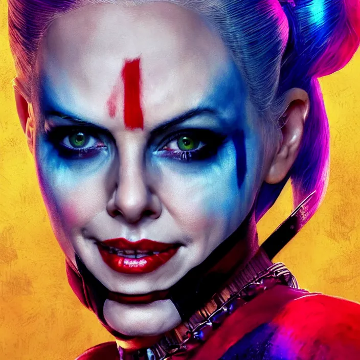Prompt: portrait of Charlize Theron as a harley quinn in Suicide Squad. intricate abstract. intricate artwork. by Tooth Wu, wlop, beeple, dan mumford. octane render, trending on artstation, greg rutkowski very coherent symmetrical artwork. cinematic, hyper realism, high detail, octane render, 8k, iridescent accents