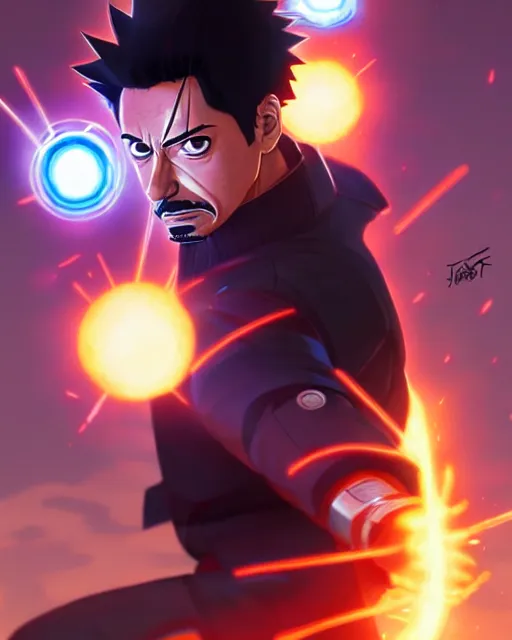 Image similar to tony stark in naruto fighting naruto, medium shot close up, details, sharp focus, illustration, by jordan grimmer and greg rutkowski, trending artstation, pixiv, digital art