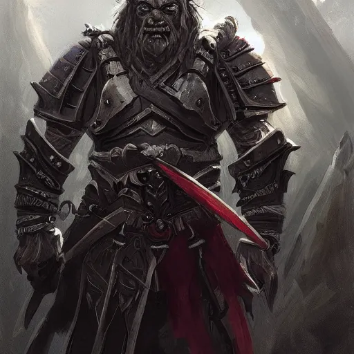 Prompt: orc paladin of kelemvor, Wearing full plate armor, holding an executioners greatsword, D&D, Fantasy, by Greg Rutkowski