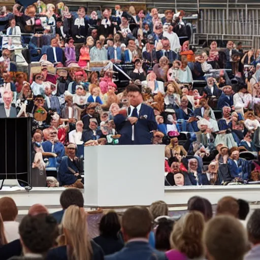 Image similar to a miniature pig in a suit giving a speech in front of a crowd of people
