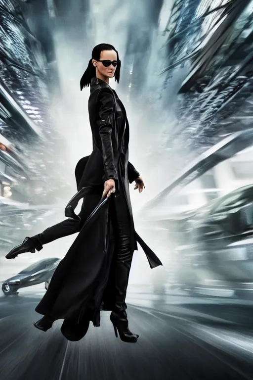 Prompt: an action photograph of the new matrix movie featuring the beautiful thandie newton, wearing sun glasses and black leather trench coat, futuristic cars in the background, extremely detailed, extremely symmetrical facial features, unreal engine, by kevin fiege 8 k