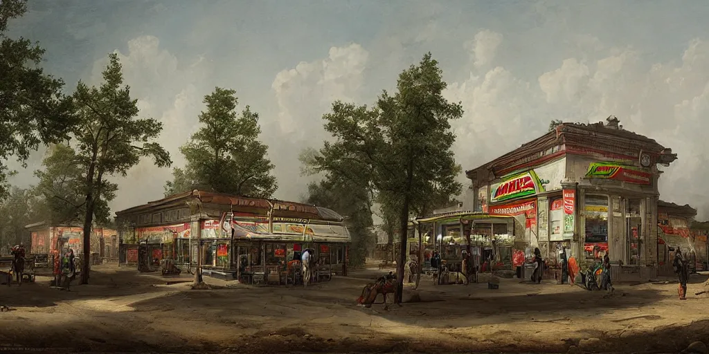 Prompt: epic matte painting of a 7 - eleven by ivan shishkin and asher brown durand