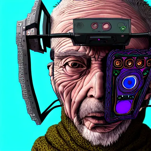 Prompt: Colour Photography of 1000 years old man with highly detailed 1000 years old face wearing higly detailed cyberpunk VR Headset designed by Josan Gonzalez Many details. . In style of Josan Gonzalez and Mike Winkelmann andgreg rutkowski and alphonse muchaand Caspar David Friedrich and Stephen Hickman and James Gurney and Hiromasa Ogura and Minecraft. Rendered in Blender