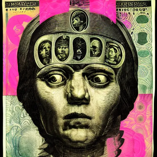 Image similar to post - punk new age album cover, asymmetrical design, dollar bank notes, capitalism, magic, apocalypse, psychedelic, black white pink, magic, giger h. r., giuseppe arcimboldo