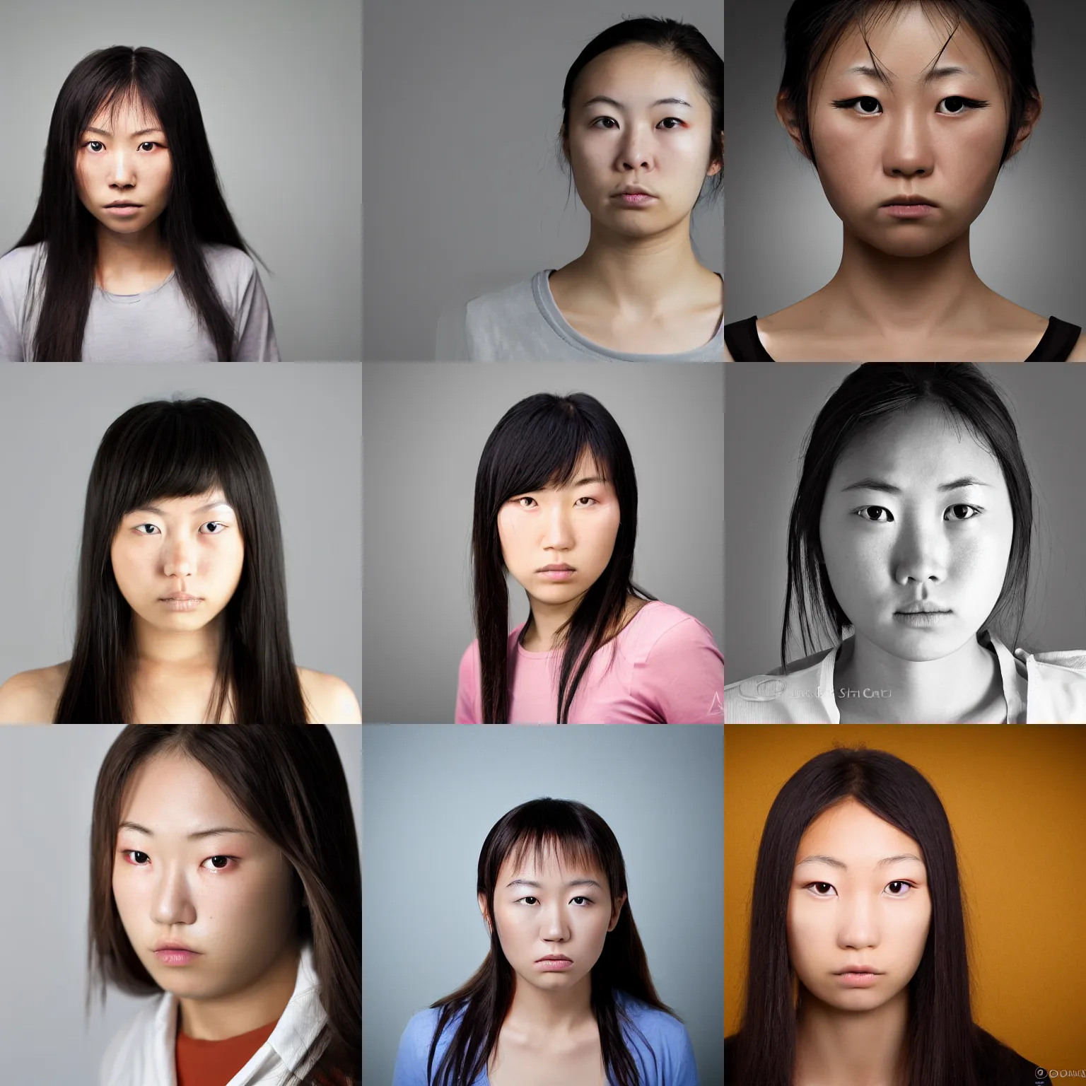 Prompt: front view mug shot of a young beautiful japanese female, digital photography, soft studio lighting, no background