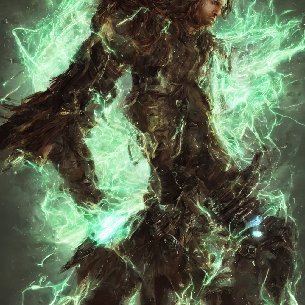 Prompt: closeup, tall, lean man with long wavy brown hair. He wears a torn-up leather jacket and a beige cloth shirt underneath. Black pants, and cowboy boots. Pale green glowing energy glows through the tears in his clothes, and he carries a large crystalline black longsword with red lightning that arcs across the blade. by craig mullins, featured on artstation