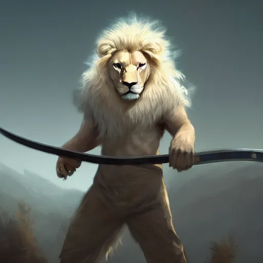 Image similar to a male anthropomorphic albino lion holding a sword,digital art,art by greg rutkowski,trevor henderson,ross tran,photorealistic,hyperdetailes,highly realistic,natural lighting,deviantart,artstation,dramatic,cinematic,4k