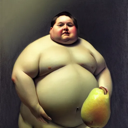 Prompt: highly detailed portrait of a grossly obese man who is shaped like a pear artstation, 8 k, sfx, john singer sargent.