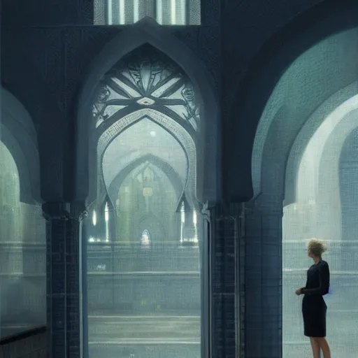 Prompt: detailed face of a woman, moment, courtyard, capital, cyberpunk mosque interior, control panel, watcher, omniscient, tech noir, wet reflections, atmospheric, ambient, speed painting, livia prima, greg rutkowski, edward hopper