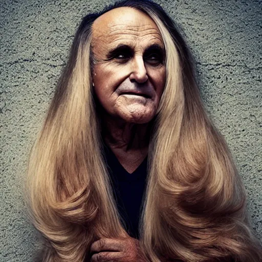 Image similar to stunning award-winning photo of glamorous Rudy Giuliani with long elegant hair by Alessio Albi, hd 4k photo contest winner