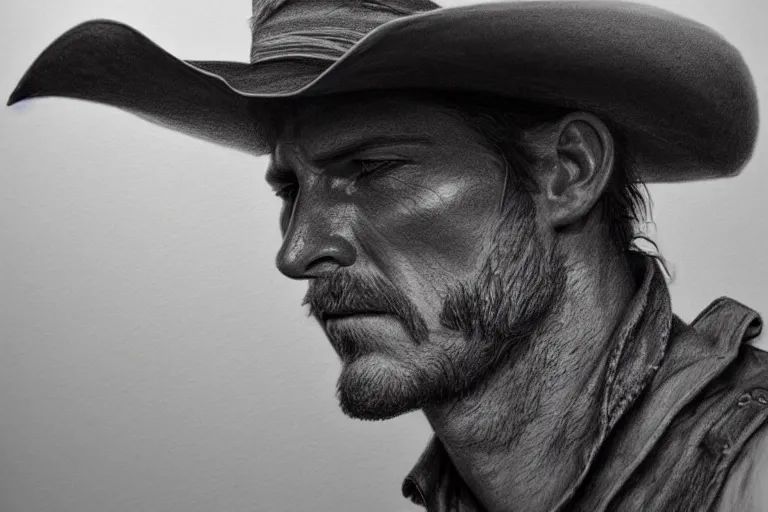 Image similar to hyperrealist pencil sketch of a cowboy by david malan, fantasy art, drawing, dynamic lighting, artstation, poster, volumetric lighting, very detailed faces, 4 k, award winning