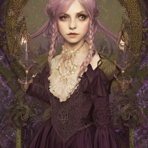 Image similar to portrait of a gothic lolita, D&D, fantasy, intricate, elegant, highly detailed, soft lighting, soft mood, digital painting, artstation, smooth, sharp focus, illustration, art by Tia Kratter, Katherine Sarafian, artgerm and greg rutkowski and alphonse mucha