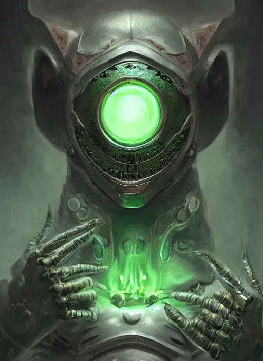 Image similar to horror machine glowing mf doom reptile eyes, grey green metal armor, elegant, highly detailed, centered, digital painting, artstation, concept art, smooth, sharp focus, illustration, artgerm, tomasz alen kopera, peter mohrbacher, donato giancola, joseph christian leyendecker, wlop, frank frazetta