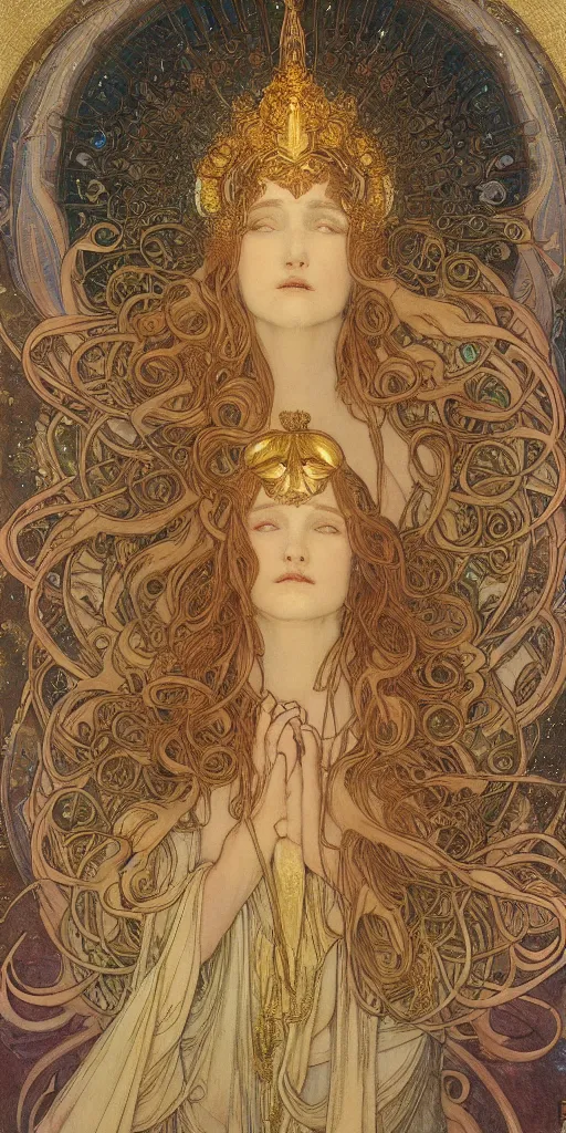 Image similar to portrait burning saint face, venus, athena, halo, by alphons mucha and annie swynnerton and jean delville, strong dramatic cinematic lighting, ornate headdress, flowing robes, spines, flowers, stars, lost civilizations, smooth, sharp focus, extremely detailed, marble, molten gold, space