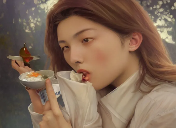 Image similar to Asian Italian young woman wearing cream jacket and navy active adidas pants, drinking vanilla shake and eating fries with ketchup, sigma female, accurately portrayed, portrait art by alphonse mucha and greg rutkowski, highly detailed, digital painting, concept art, illustration, trending on artstation, very detailed, smooth, sharp focus, octane render, close up