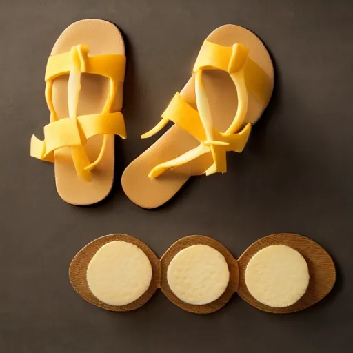 Image similar to high quality photo of sandals made of cheese, realism, 8k, award winning photo