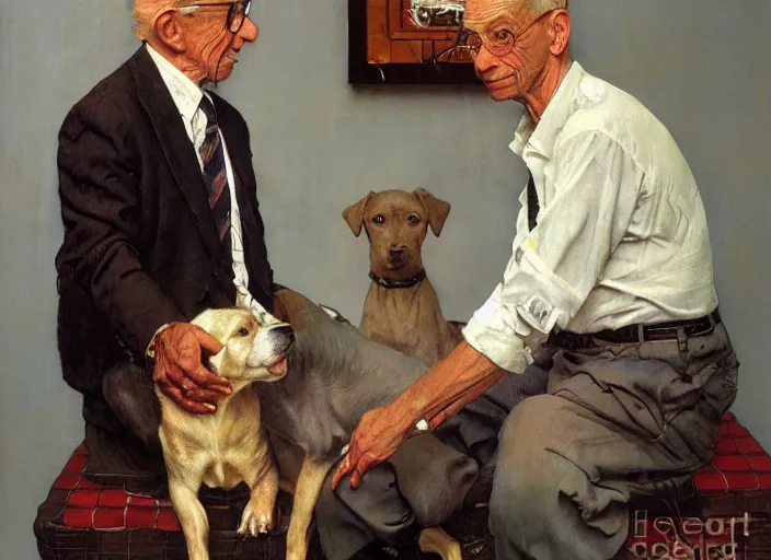 Image similar to high quality high detail painting by norman rockwell, hd, old man with is dog, muted pastel colors, photorealistic lighting