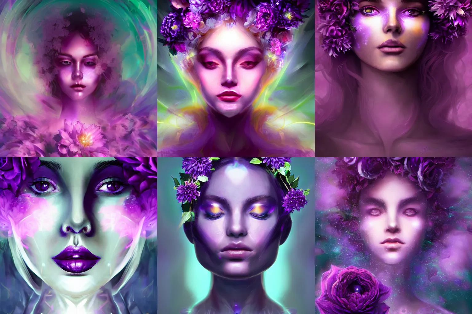 Prompt: closeup portrait of an ethereal person made of purple light, divine, cyberspace, mysterious, surrounded by flowers, roses, dahlias, dark high-contrast concept art, trending on Artstation