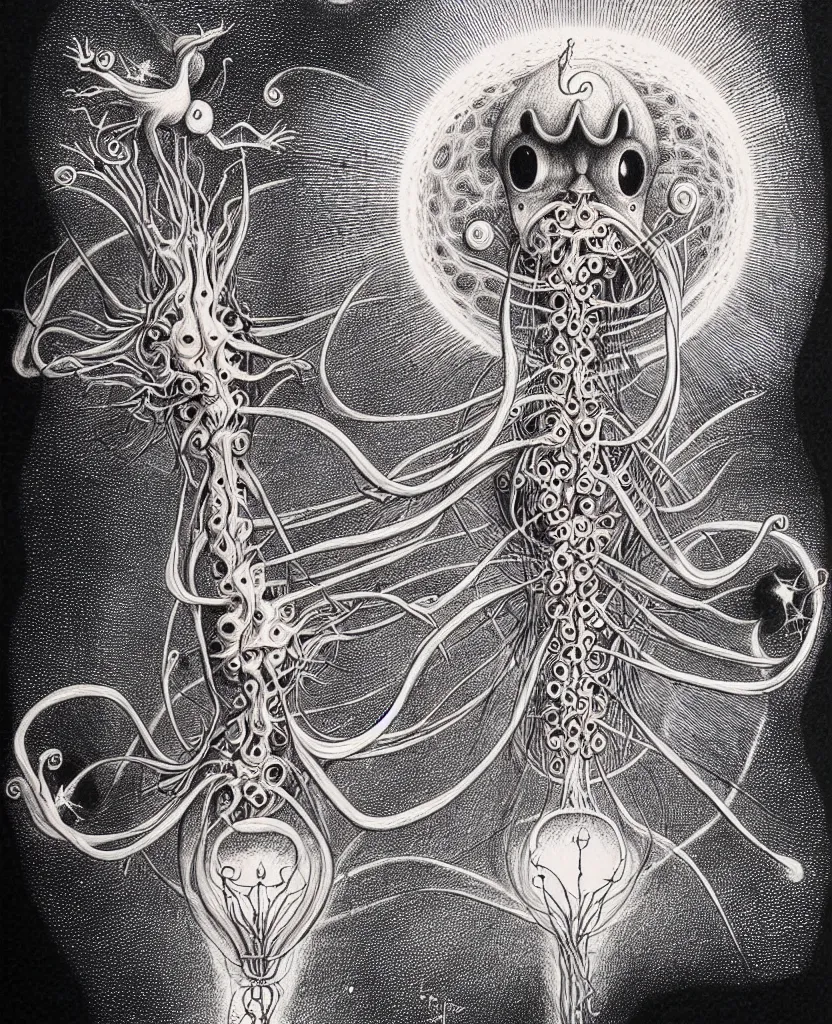 Image similar to whimsical freaky creature sings a unique canto about'as above so below'being ignited by the spirit of haeckel and robert fludd, breakthrough is iminent, glory be to the magic within, ballpoint drawing by ronny khalil