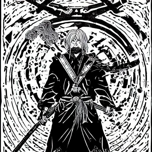 Image similar to black and white pen and ink!!!! rugged royal! nordic goetic Raiden x Frank Zappa golden!!!! Vagabond!!!! floating magic swordsman!!!! glides through a beautiful!!!!!!! battlefield dramatic esoteric!!!!!! pen and ink!!!!! illustrated in high detail!!!!!!!! by Junji Ito and Hiroya Oku!!!!!!!!! graphic novel published on 2049 award winning!!!! full body portrait!!!!! action exposition manga panel black and white Shonen Jump issue by David Lynch and Frank Miller beautiful line art Hirohiko Araki-s 150