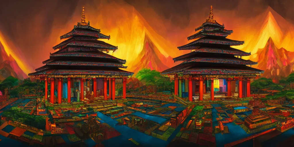 Image similar to a temple made of semiconductors, by Naomi Okubo, landscape, dramatic lighting, high contrast colors, panoramic view, as trending on Artstation,