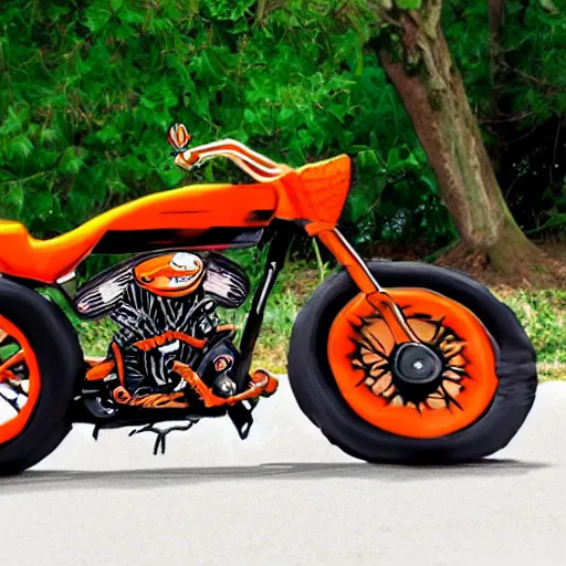 Image similar to a cartoon donkey, riding a harley - davidson motorcycle, orange and black, in the style of ed roth