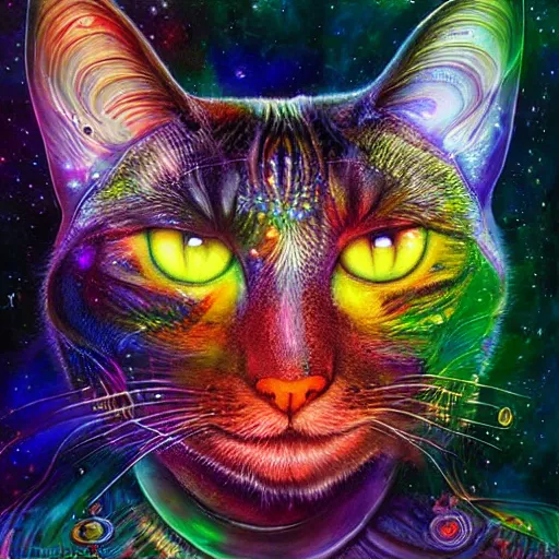 Prompt: a galaxy colored psychedelic chakra awakening kundalini ethereal portrait of a cat, eternal blessing, multiverse, by android jones, by ben ridgeway, visionary art, by artgerm, featured on artstation, cgsociety, by greg rutkowski