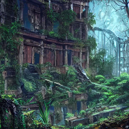 Image similar to Abandoned ruins of city in the middle of the jungle, 8k, detailed, concept art, trending on artstation