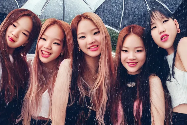 Prompt: a portrait of 4 (((((blackpink singers))))) posing in the rain