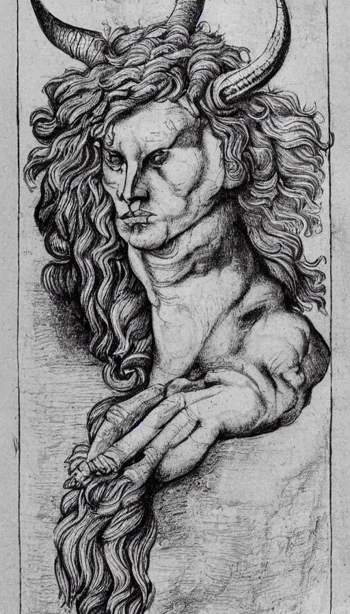 Image similar to human / eagle / lion / ox hybrid. horns, beak, mane, human body. drawn by da vinci