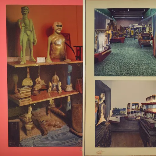 Image similar to A three color offset photography of objects on display, fluorescent, anthropology of wonder, exotic artifacts, colonial expedition, catalog exhibition, 60s style