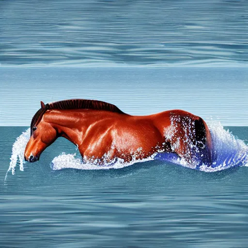 Image similar to horse swimming in the ocean with fork and knife, photorealistic, high detail