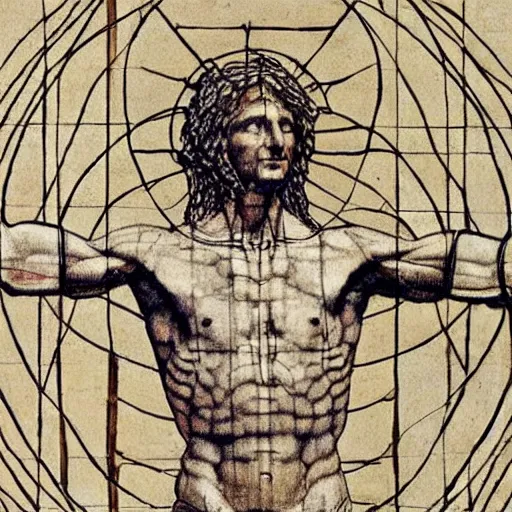 Image similar to Michael Jordan as the Vitruvian Man by leonardo da vinci, detailed, 8k, intricate blueprint