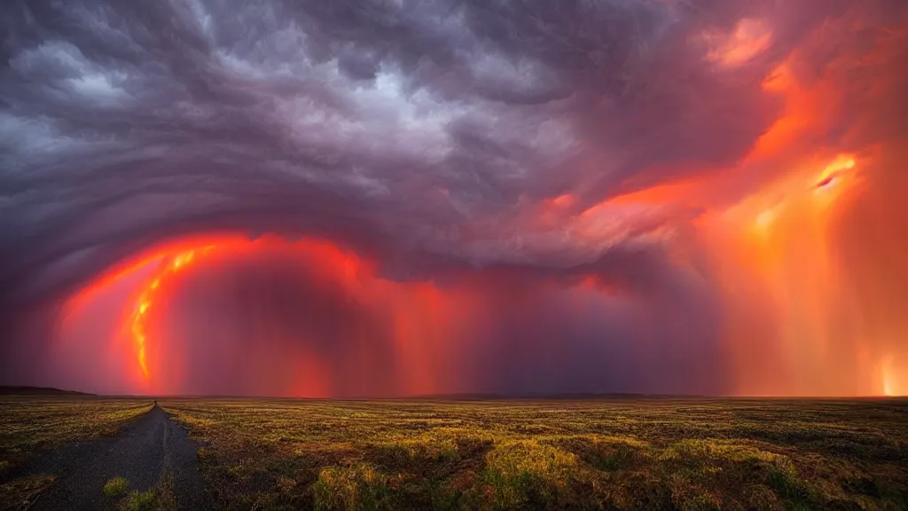 Image similar to amazing landscape photo of tornado, sunset by marc adamus, beautiful dramatic lighting