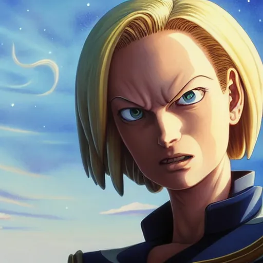 Image similar to highly detailed vfx portrait of android 1 8 by eiichiro oda!, stephen bliss, greg rutkowski, loish, rhads, beeple, makoto shinkai, tom bagshaw, alphonse mucha, sharp focus, art by artgerm and greg rutkowski, stanley kubrick, backlit, harsh overhead sunlight,