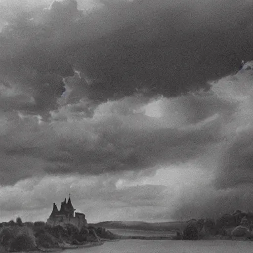 Image similar to anthropomorphic fox!! who is a me - dieval knight holding a swo - rd towards a stormy thundercloud [ 1 9 3 0 s film still ], ( castle in the background )