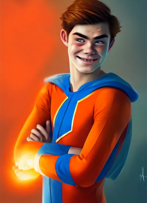 Image similar to friendly teenage archie andrews wearing an orange superhero costume with heart logo, freckles, pureheart the powerful, heart emblem on chest, cape, intricate, elegant, glowing lights, highly detailed, digital painting, artstation, sharp focus, illustration, art by wlop, mars ravelo and greg rutkowski