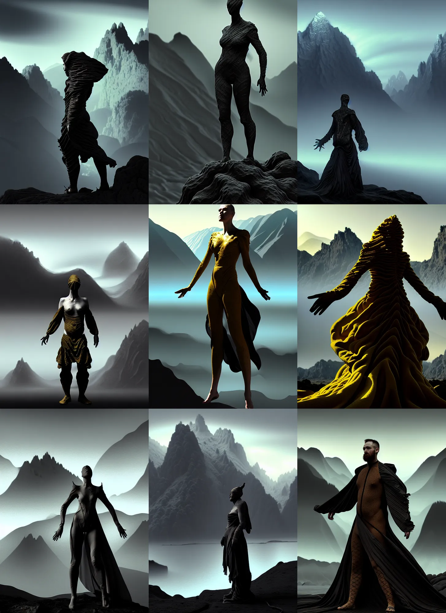 Prompt: dissolution filter ,turbulence filter, fractal, costume design made by complexity, sophisticated composition, old masters light composition, procedurally generated, drama human character posing for concept art, dramatic mountains behind, substance designer, PBR, HD, Ultra detailed, hyperrealistic, megascans, volumetric light, concept by master artist, made in paint tool SAI2, trending pixiv aesthetic face