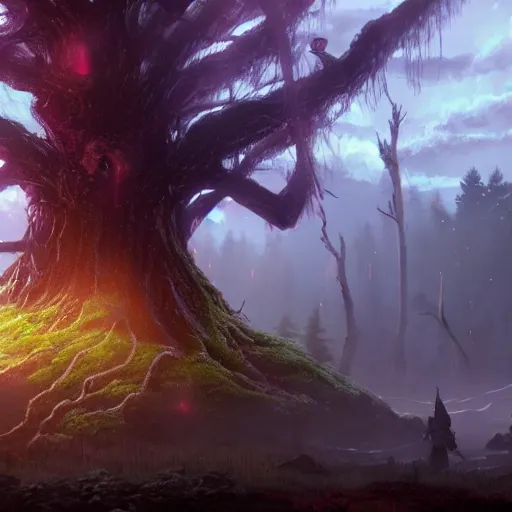 Image similar to landscape of elden ring, giant glowing tree, beautiful, rpg, dnd, video game 4 k